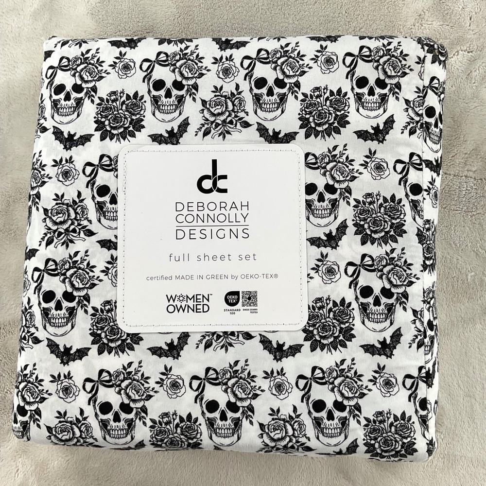 Deborah Connolly Designs Full Sheet Set Skull Floral Bat Black White Gothic 4pc